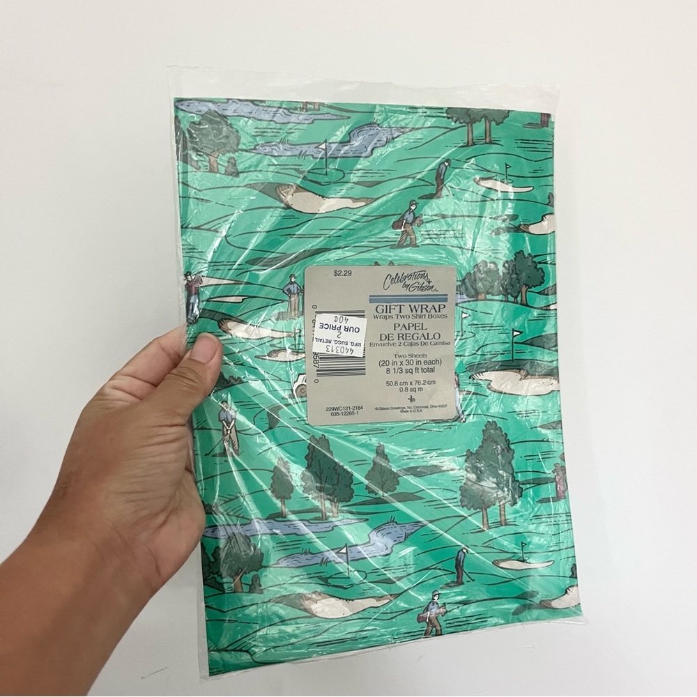 New old Stock Celebrations by Gibson Golf Themed Gift Wrap Paper Green Vintage